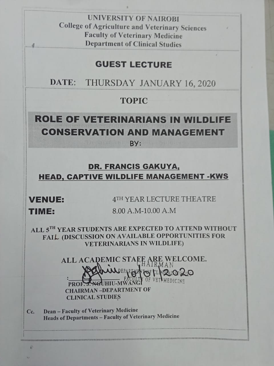 Guest lecture on the role of veterinarians in wildlife conservation and management