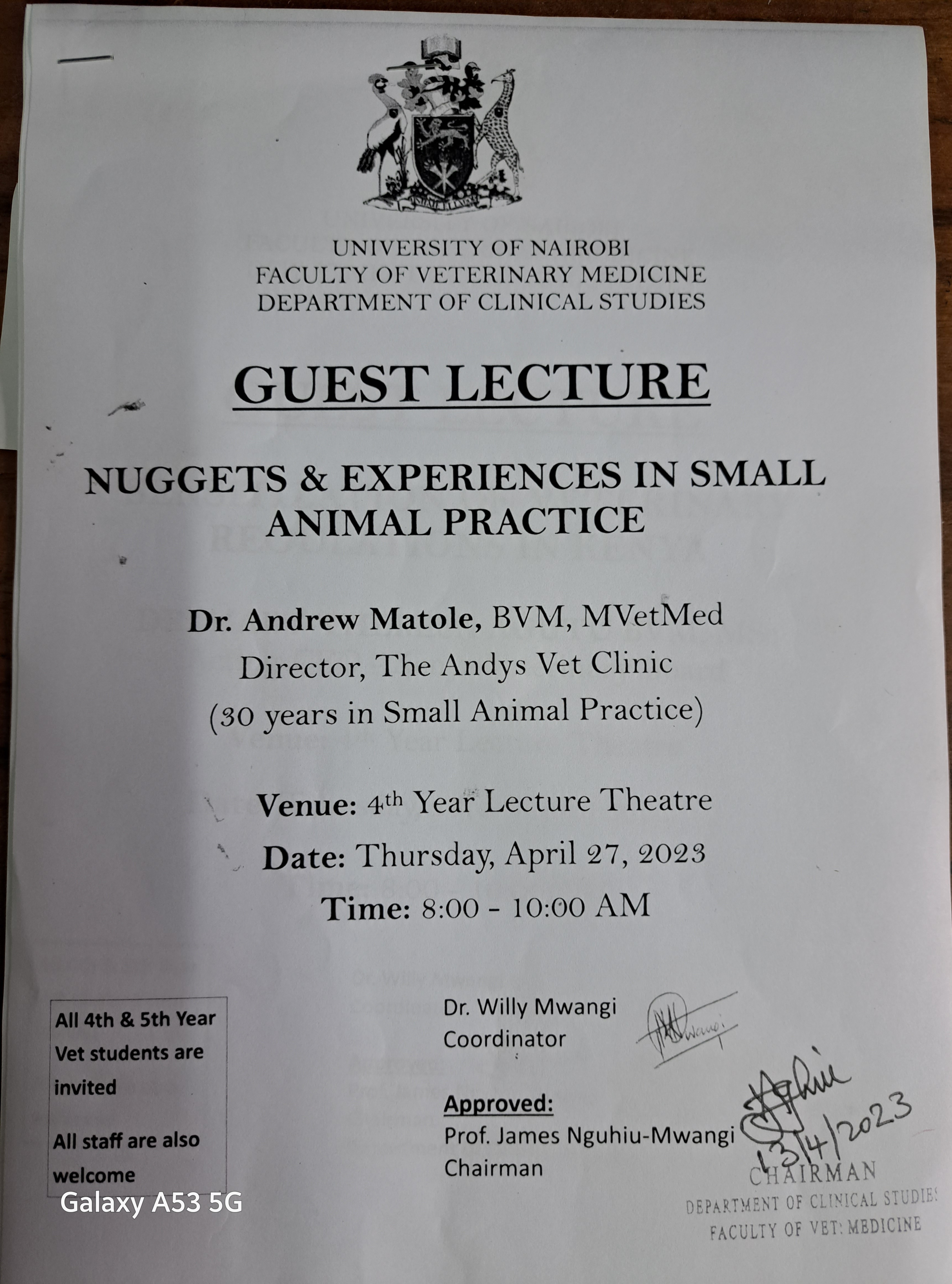GUEST LECTURE BY DR. ANDREW MATOLE (BVM,MvetMed,Director The Andys Vet Clinic
